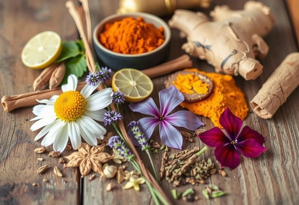 Close-up of various herbal tea ingredients, representing natural remedies.