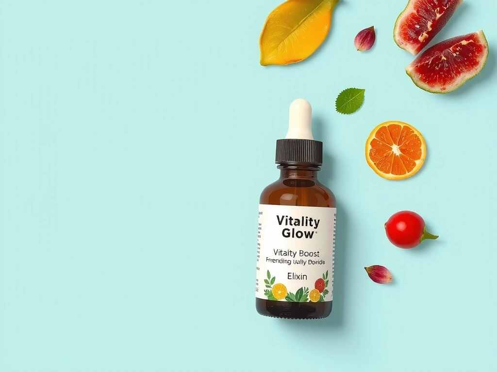 High-resolution image of Vitalityglowspainbplus Boost Elixir bottle with vibrant ingredients.