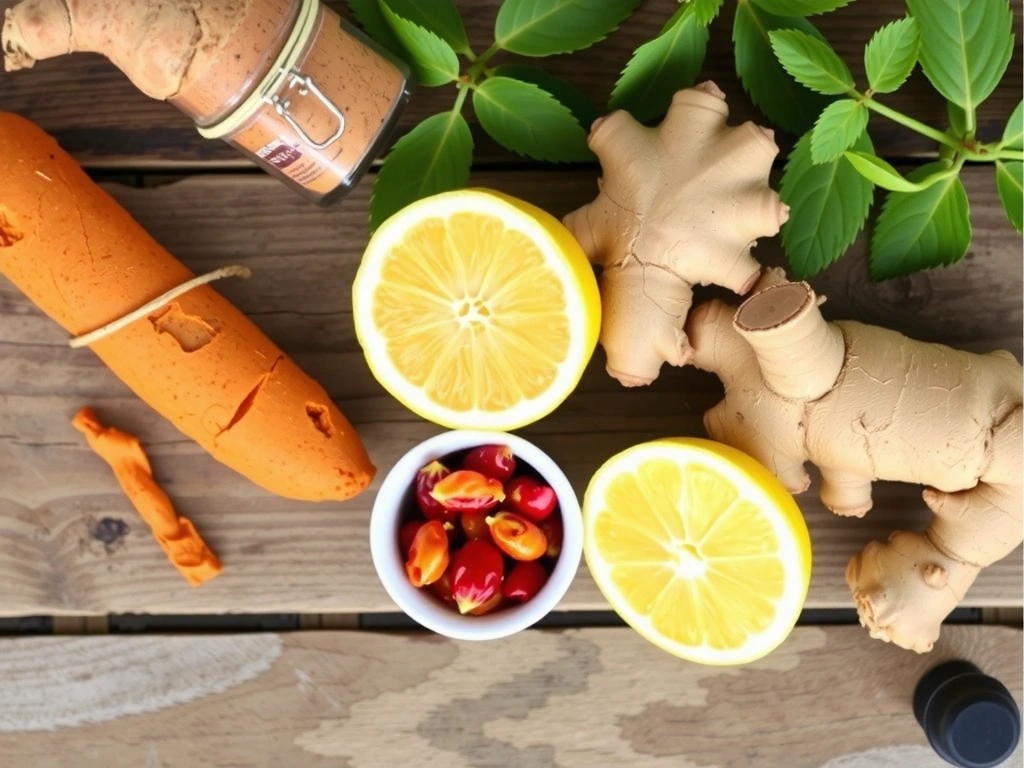 Ingredients of Vitalityglowspainbplus Boost Elixir in a flat lay composition.