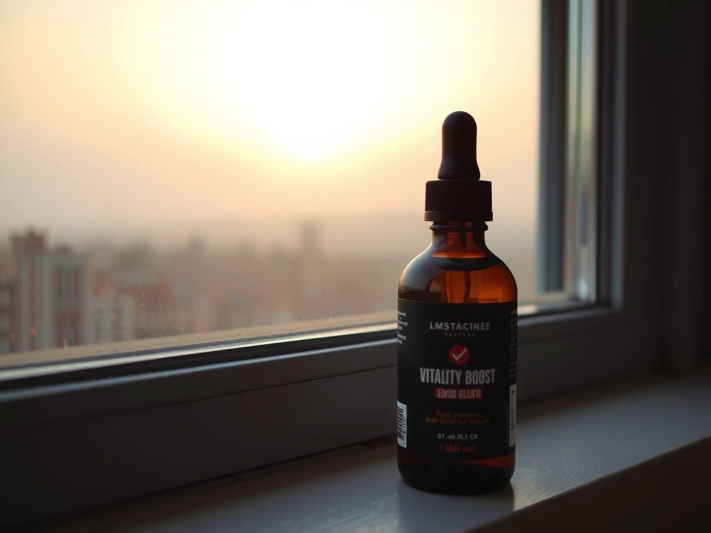 Vitalityglowspainbplus Boost Elixir bottle with a morning sunrise background.
