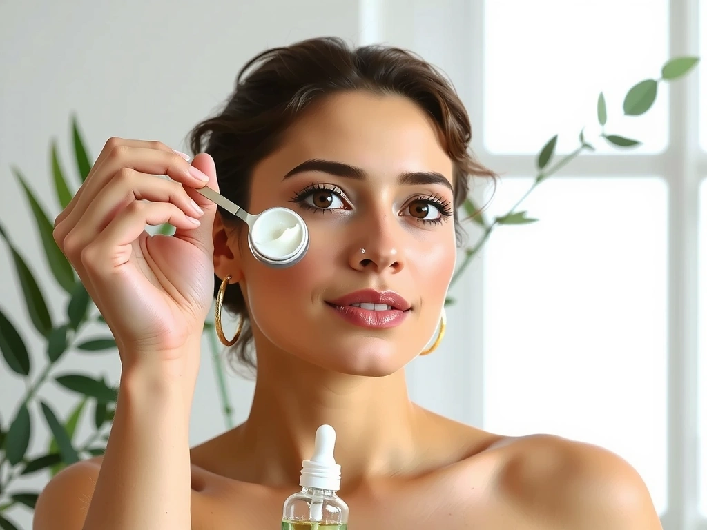 A woman applying a natural skincare product to her face, with a radiant and healthy complexion, soft lighting, and botanical elements in the background.
