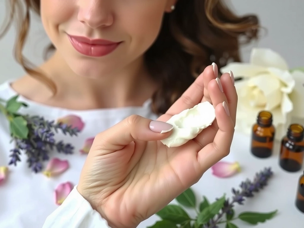 Close-up of a woman's hand gently applying a luxurious facial cream to her cheek, with a blurred background of natural ingredients like rose petals and essential oils in small glass bottles.